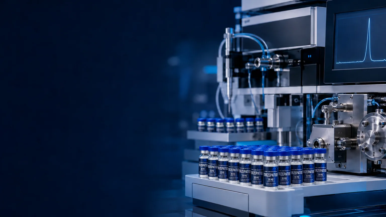 Clean room laboratory with racks of sealed glass vials along a stainless steel bench