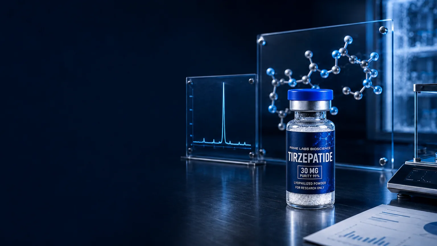 Rack of vials of lyophilized powder on a dark laboratory surface